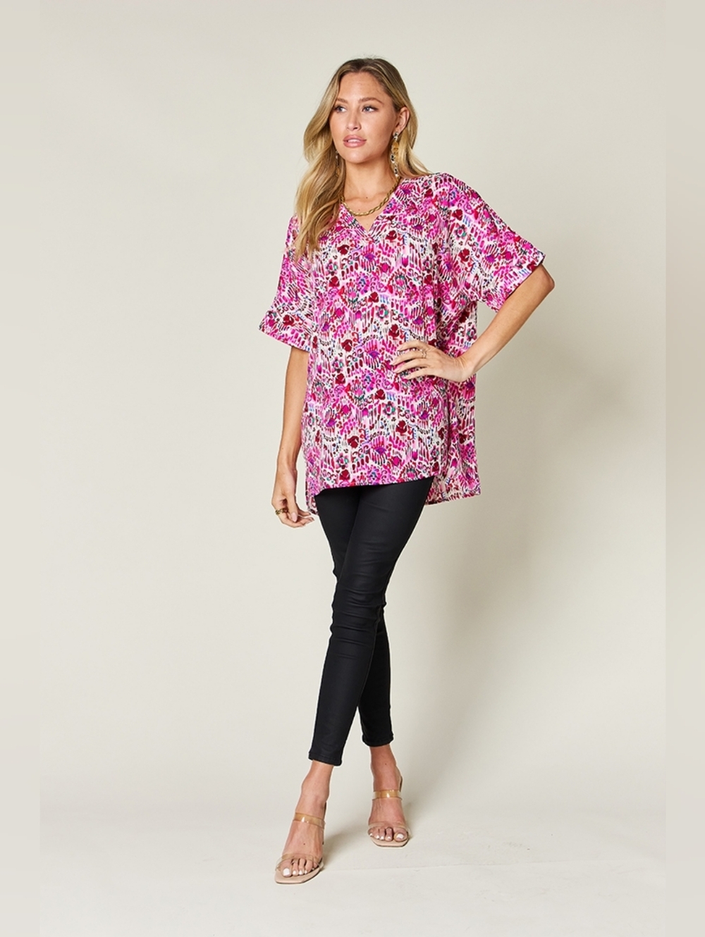Women's Pink Print V-Neck Tunic Top- Double Take A Just Jen Fav!! Spring Top - Picture 5 of 10